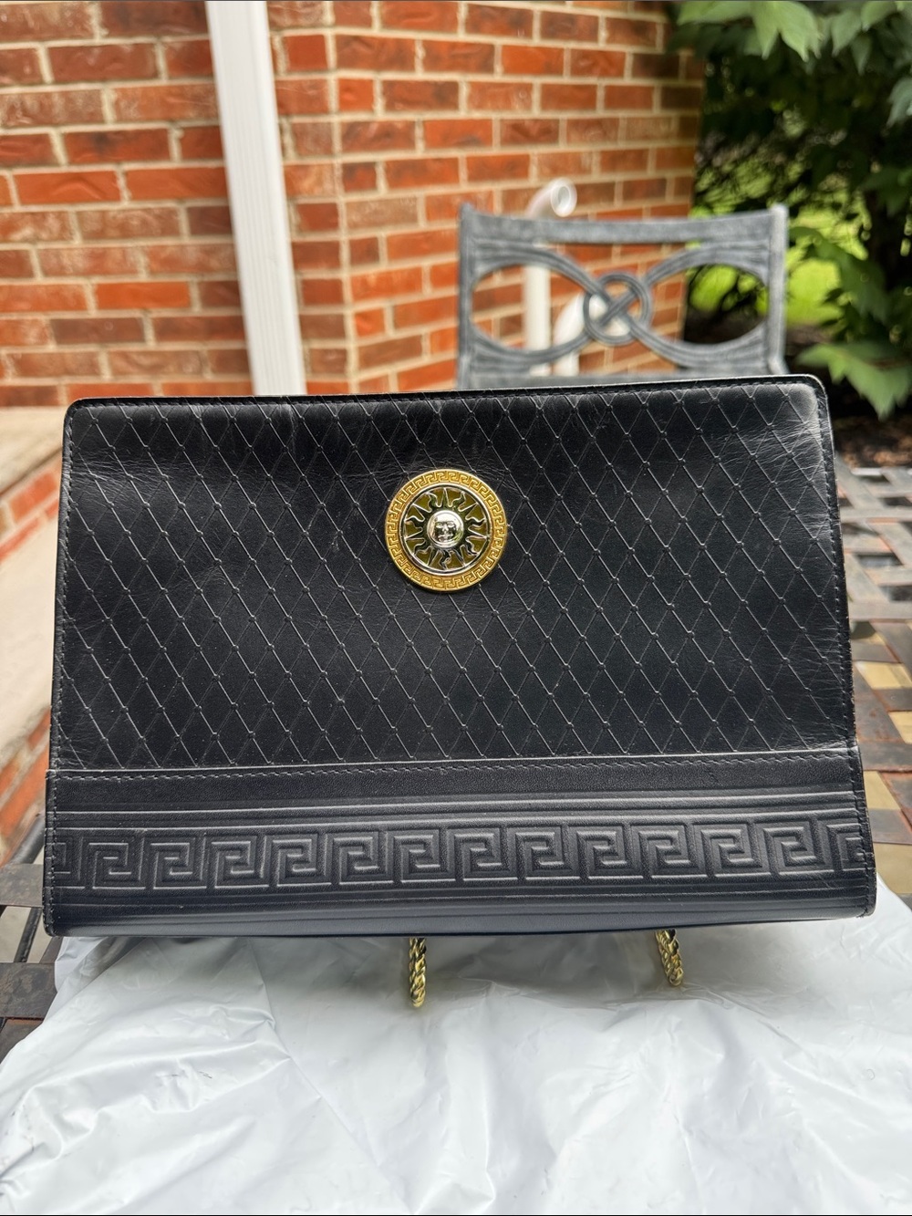 Gianni Versace Black Quilted clutch Bag with Gold Medallion